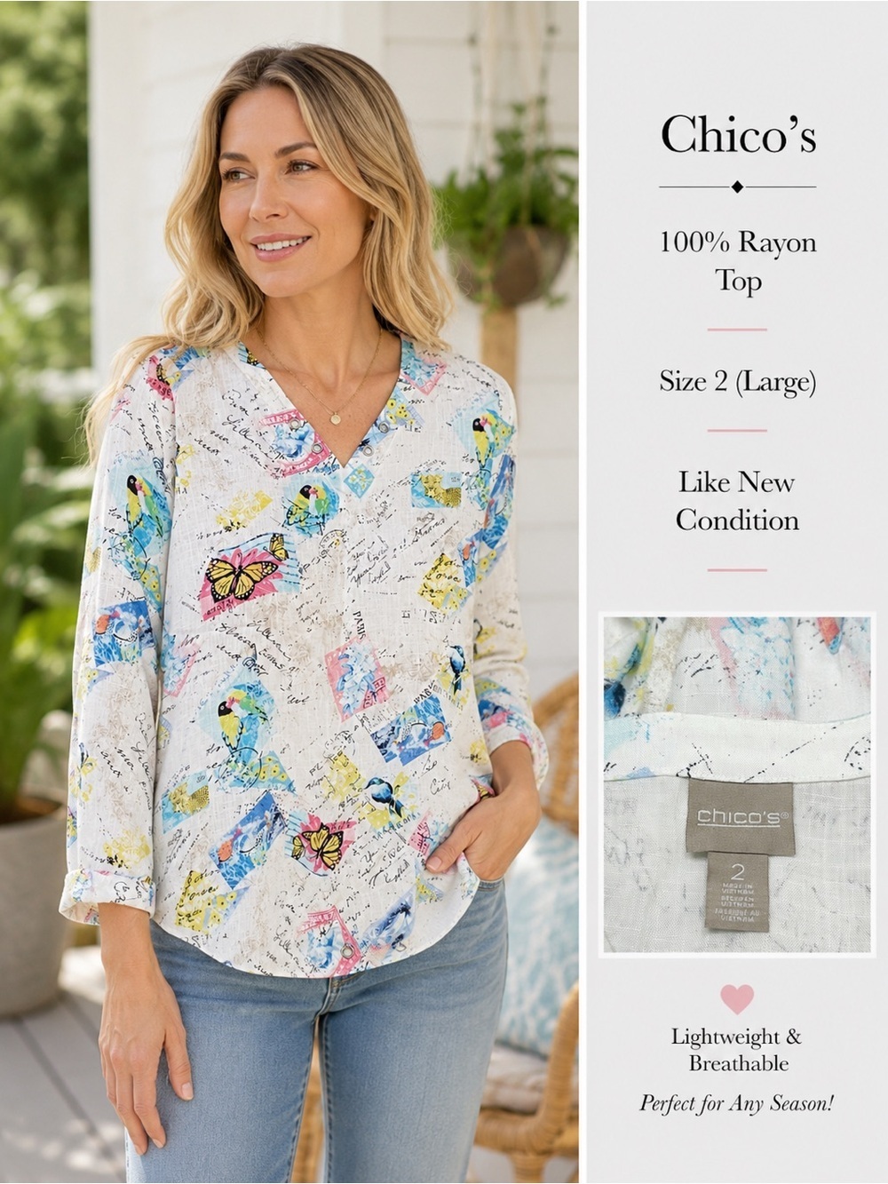 Chico’s Bird & Butterfly Print 100% Rayon Blouse Size 2 (Large) Travel Art Top